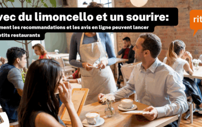 Un restaurant animé avec des clients assis à des tables en bois, discutant et dégustant des boissons chaudes. Une serveuse en tablier blanc prend une commande.