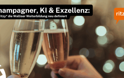 Zwei Champagnergläser stoßen in festlicher Atmosphäre an – eine Darstellung von Exzellenz und Innovation in der Weiterbildung mit ritzy* im Wallis.