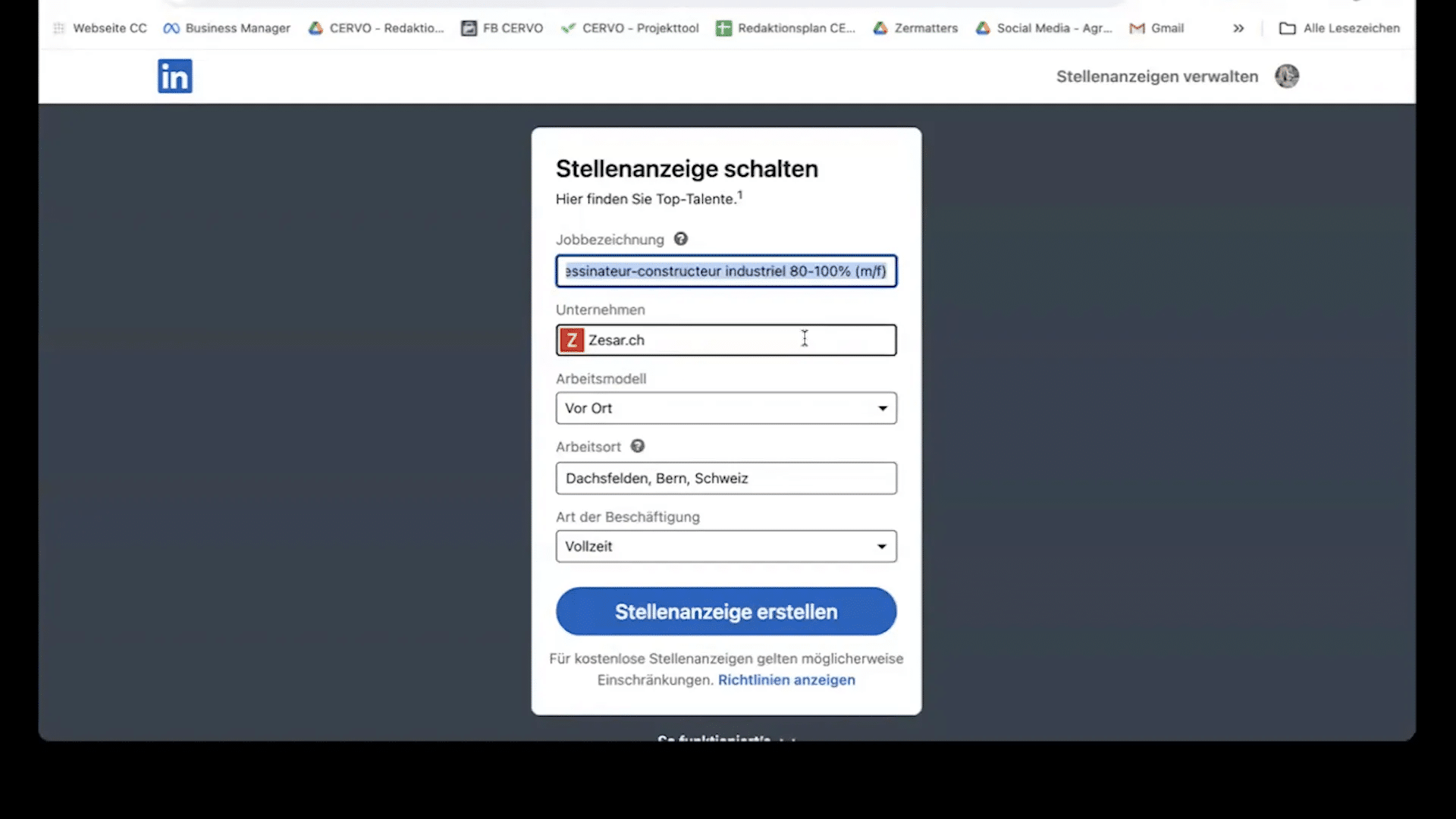 Stelleninserat auf LinkedIn mit Jobdetails