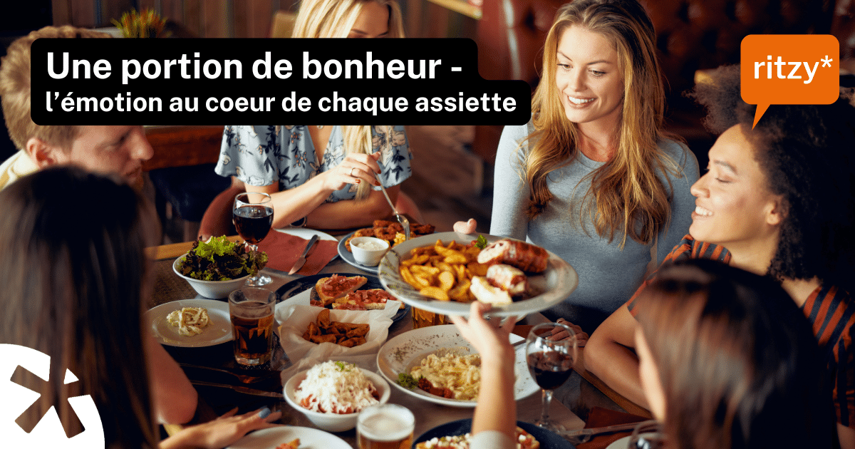 Groupe d'amis partageant un repas au restaurant avec frites, viande et salades, bannière publicitaire ritzy* «Une portion de bonheur, l'émotion au coeur de chaque assiette»