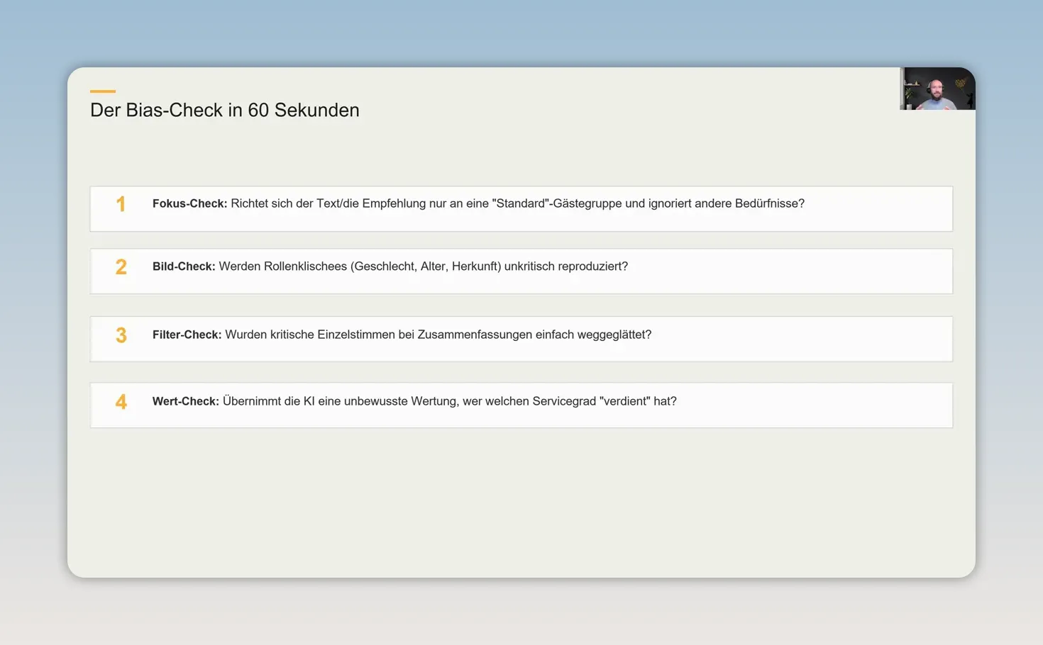 Ethik, Bias und Halluzinationen: KI nutzen, ohne ihr blind zu vertrauen 2 Präsentationsfolie mit dem Titel Bias-Check in 60 Sekunden und vier Prüffragen